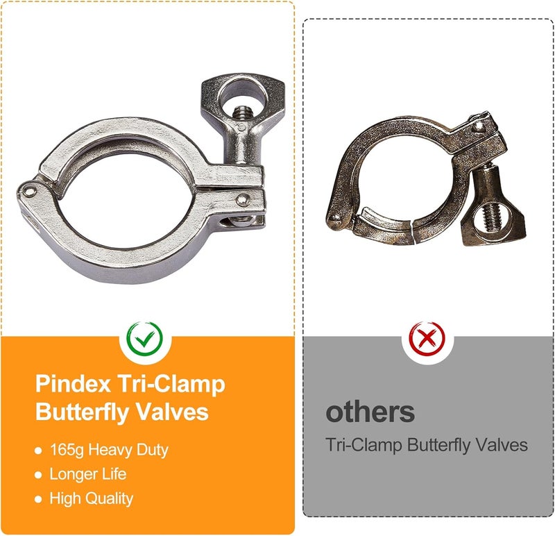 Pindex 2 Pack 1.5 Inch Heavy Duty Butterfly Valves with Pull Handle and 4 Pcs 1.5" 165g Heavy Duty Tri Clamp with Silicone Gasket 304 Stainless Steel Sanitary TC Fittings - Image 2